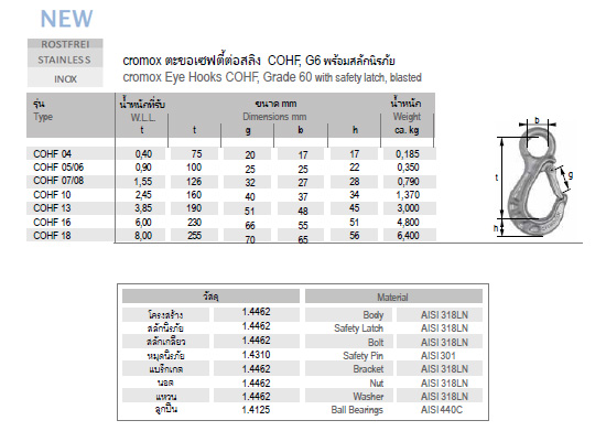 ตะขอเซฟตี้ต่อสลิง  COHF, G6 พร้อมสลักนิรภัย