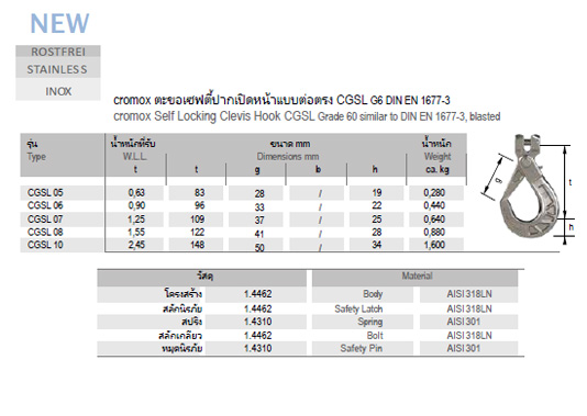 ตะขอเซฟตี้ปากเปิดหน้าแบบต่อตรง CGSL